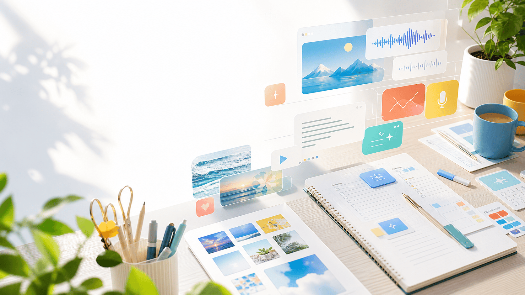 AI Yaya bright AI productivity workbench with task cards and creative media panels